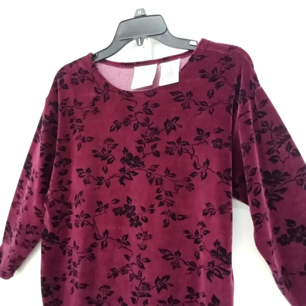 Erika & Company Blouse Women Size PM Burgundy Black Floral Faux Velvet Top